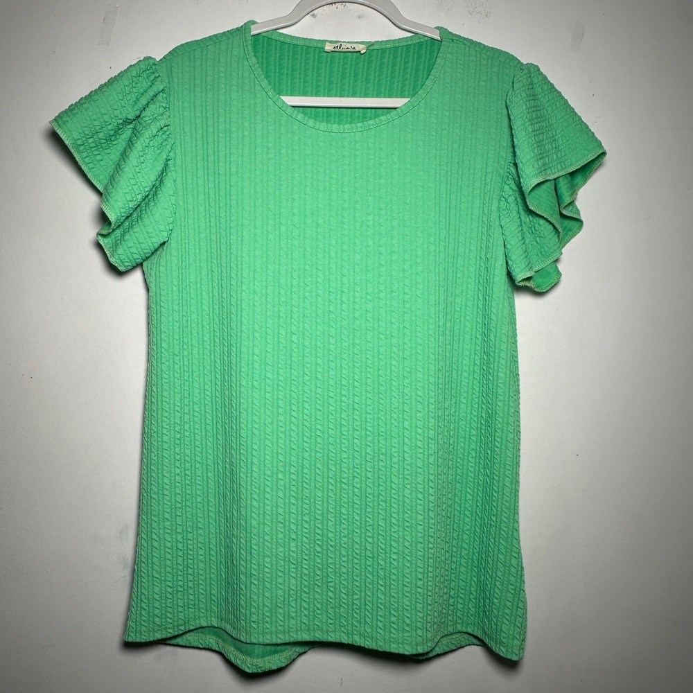 Blumin Apparel Womens Kelly Green Textured Ruffle Sleeve Top Round Neck Stretch‎